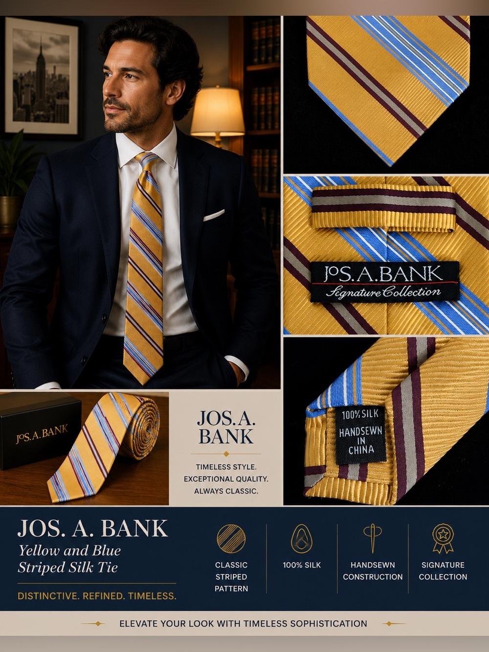 Jos. A. Bank Yellow and Blue Striped Silk Tie